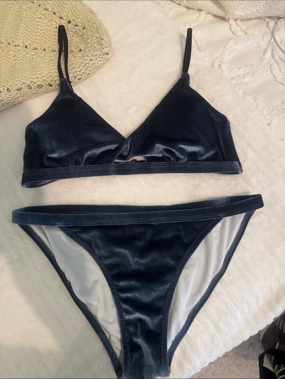 Cupshe Velvet Navy Blue Triangle Bikini Set by Cupshe size Small